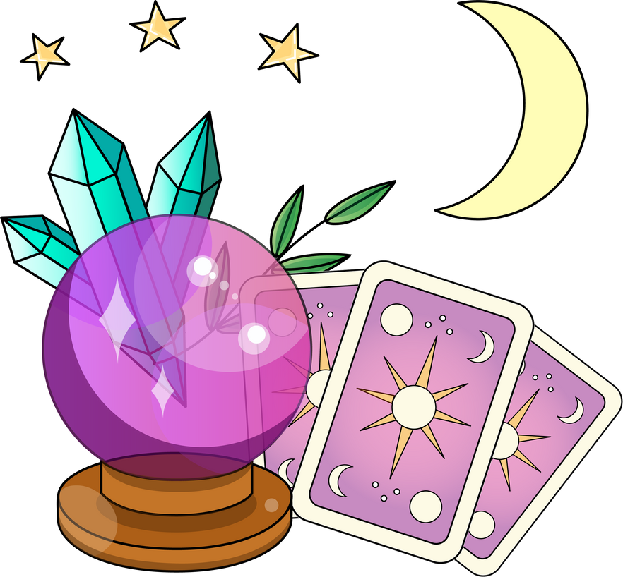 Cute Mystic  icon. Cartoon colorful Magical element collection. Kawaii astrology icons of magic ball, crystals, tarot cards, crescent, stars, branch vector stuff.